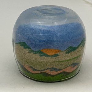 Vintage Sand Art Glass Mountain Sunset Scene Paperweight Rainbow Way Ltd USA